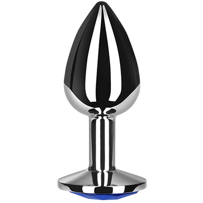 Close-up do Plug Anal Metálico Secretplay L Azul com base de diamante e superfície lisa