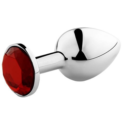 Close-up do SECRETPLAY Plug Anal Metálico L Vermelho, mostrando seu design cónico e base com joia.