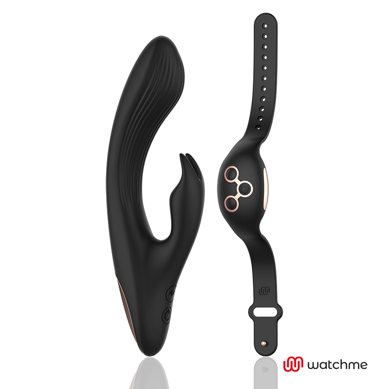 Close-up do Vibrador Rabbit ANNE'S DESIRE WatchMe Preto/Ouro, mostrando seu design elegante e textura em silicone médico.