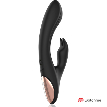 Close-up do Vibrador Rabbit ANNE'S DESIRE WatchMe Preto/Ouro, mostrando seu design elegante e textura em silicone médico.