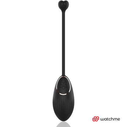 Close-up do ANNE'S DESIRE Egg Vibratório com Controle Remoto WATCHME, mostrando seu design elegante em preto e ouro e textura suave de silicone.