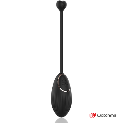 Close-up do ANNE'S DESIRE Egg Vibratório com Controle Remoto WATCHME, mostrando seu design elegante em preto e ouro e textura suave de silicone.