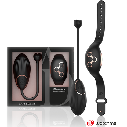 Close-up do ANNE'S DESIRE Egg Vibratório com Controle Remoto WATCHME, mostrando seu design elegante em preto e ouro e textura suave de silicone.