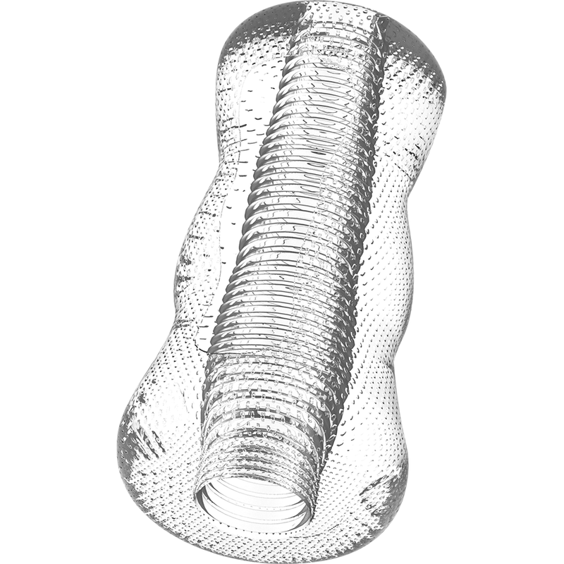 Close-up of the JAMYJOB Masturbador Masculino Extreme Tensek 1 Transparente, showing its unique internal textures and transparent design.