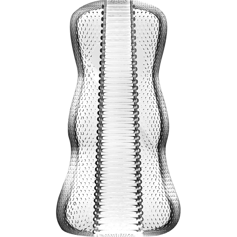 Close-up of the JAMYJOB Masturbador Masculino Extreme Tensek 1 Transparente, showing its unique internal textures and transparent design.