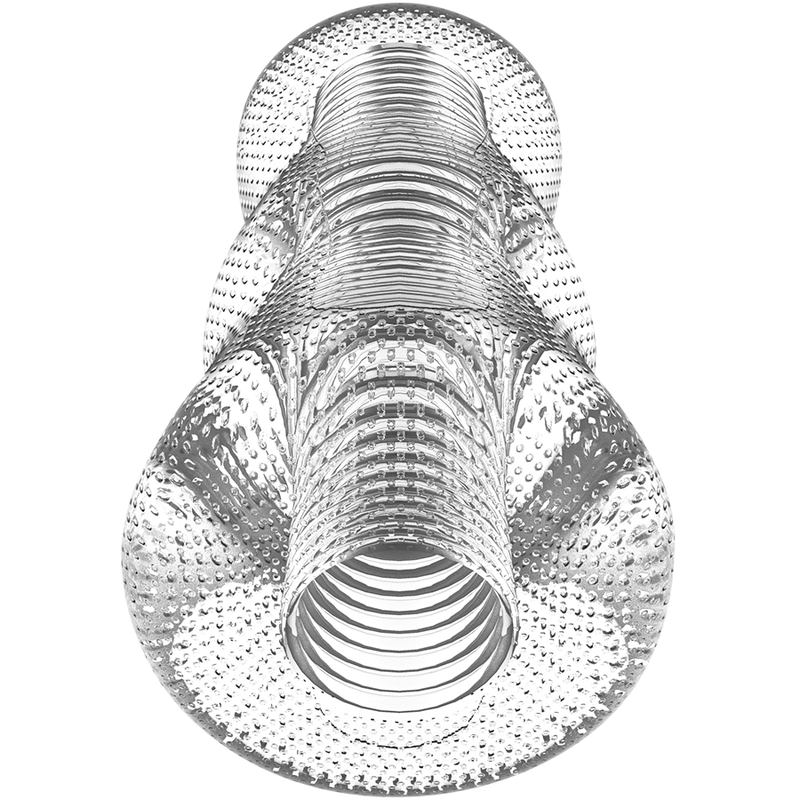 Close-up of the JAMYJOB Masturbador Masculino Extreme Tensek 1 Transparente, showing its unique internal textures and transparent design.