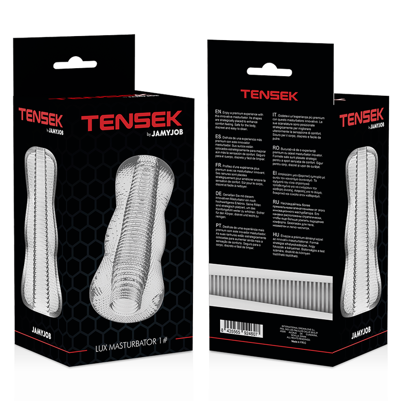 Close-up of the JAMYJOB Masturbador Masculino Extreme Tensek 1 Transparente, showing its unique internal textures and transparent design.