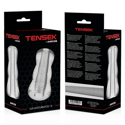 Close-up of the JAMYJOB Masturbador Masculino Extreme Tensek 1 Transparente, showing its unique internal textures and transparent design.