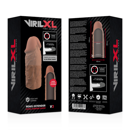 Close-up da VIRILXL Extensão de Pénis V3 de Silicone Líquido Marrom, mostrando sua textura e características para aumento de espessura.