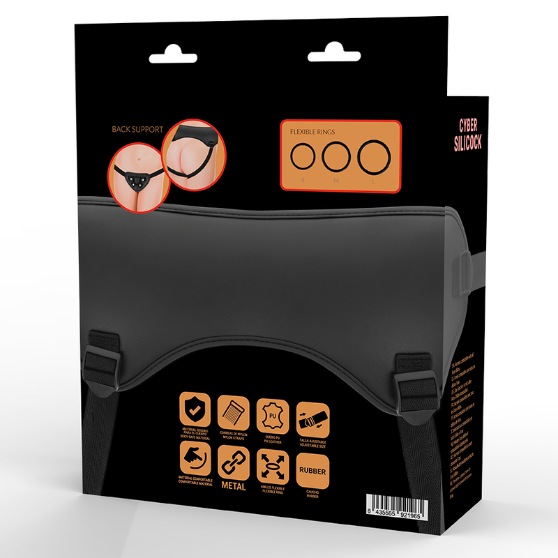 Close-up do Arnês de Cinta Universal CYBER SILICOCK com 3 Anéis para Dildos, mostrando o material de vinil e os anéis de silicone.