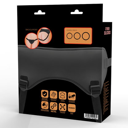 Close-up do Arnês de Cinta Universal CYBER SILICOCK com 3 Anéis para Dildos, mostrando o material de vinil e os anéis de silicone.