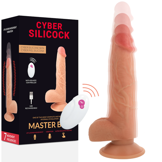Vibrador realista CYBER SILICOCK Master Ben com controle remoto e ventosa, mostrando detalhes em silicone skin.