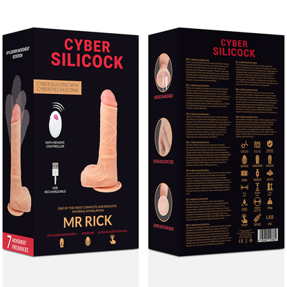 Close-up do vibrador realista CYBER SILICOCK Mr Rick com controle remoto, mostrando sua textura de silicone e detalhes anatômicos.