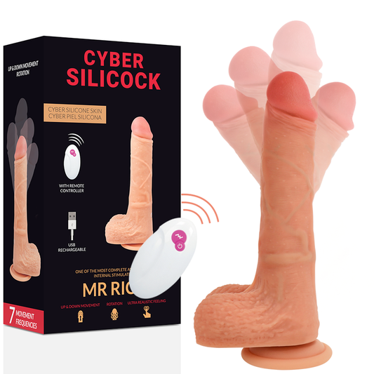 Close-up do vibrador realista CYBER SILICOCK Mr Rick com controle remoto, mostrando sua textura de silicone e detalhes anatômicos.