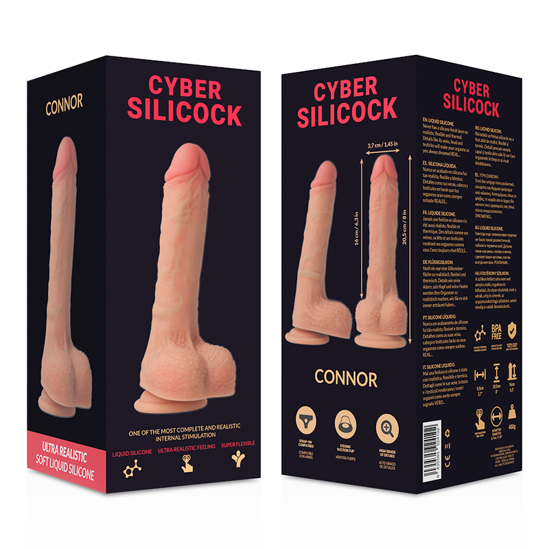 Close-up do CYBER SILICOCK Dildo Realista Connor em silicone líquido, mostrando a sua forma natural e detalhes autênticos.
