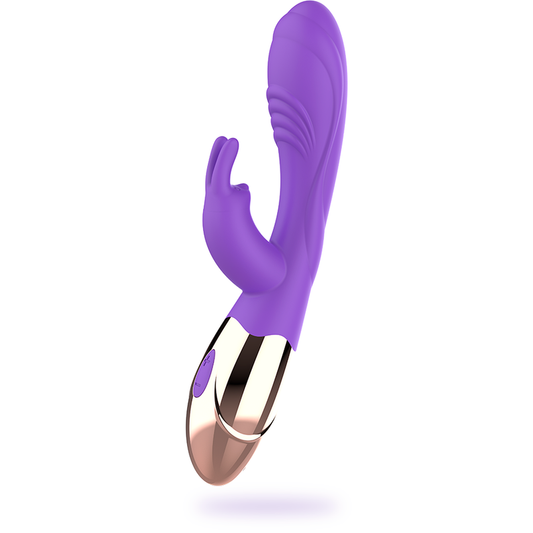 Close-up do vibrador coelho WOMANVIBE Viora de silicone recarregável, mostrando o design curvo para Ponto G e o estimulador de clítoris.