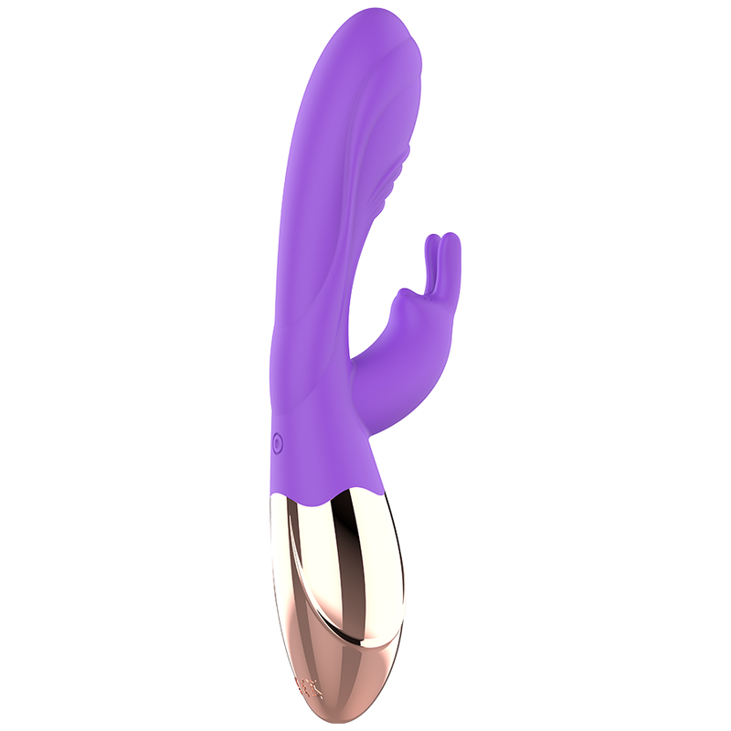 Close-up do vibrador coelho WOMANVIBE Viora de silicone recarregável, mostrando o design curvo para Ponto G e o estimulador de clítoris.