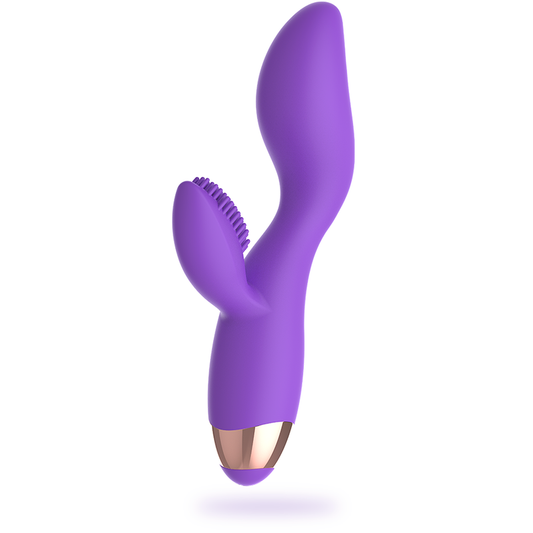 Vibrador de silicone recarregável WOMANVIBE Donna duplo motor, em lilás e dourado.