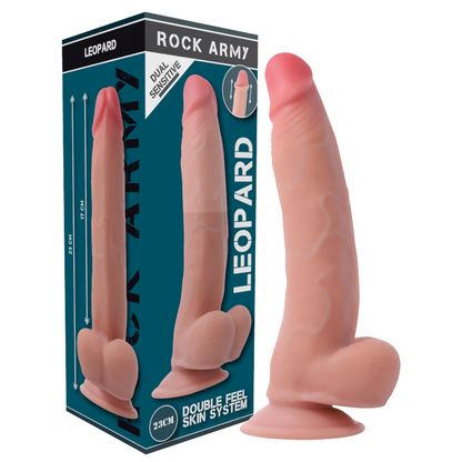 Imagem do arnês e dildo realista Rockarmy Leopardo Dupla Densidade 23 cm.