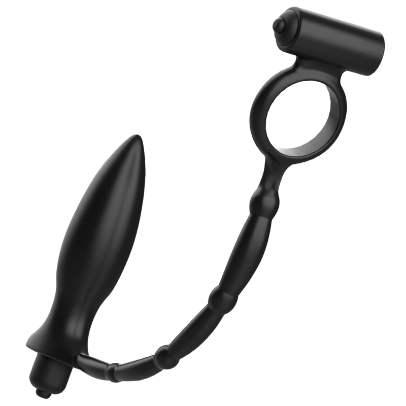 Close-up of the ADDICTED TOYS Vibrating Anal Plug with Penile Ring, showing its silicone texture and features.