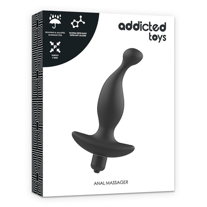 ADDICTED TOYS Massageador Anal Vibratório de Silicone Preto, detalhe da textura suave e design ergonómico para estimulação da próstata.