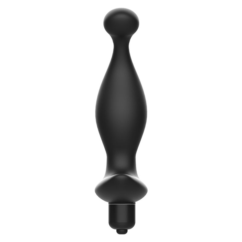 ADDICTED TOYS Massageador Anal Vibratório de Silicone Preto, detalhe da textura suave e design ergonómico para estimulação da próstata.