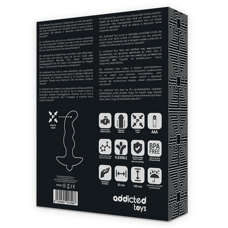 Detalhe do Massageador de Próstata Vibratório ADDICTED TOYS, exibindo seu design ergonómico e material de silicone na cor preta.