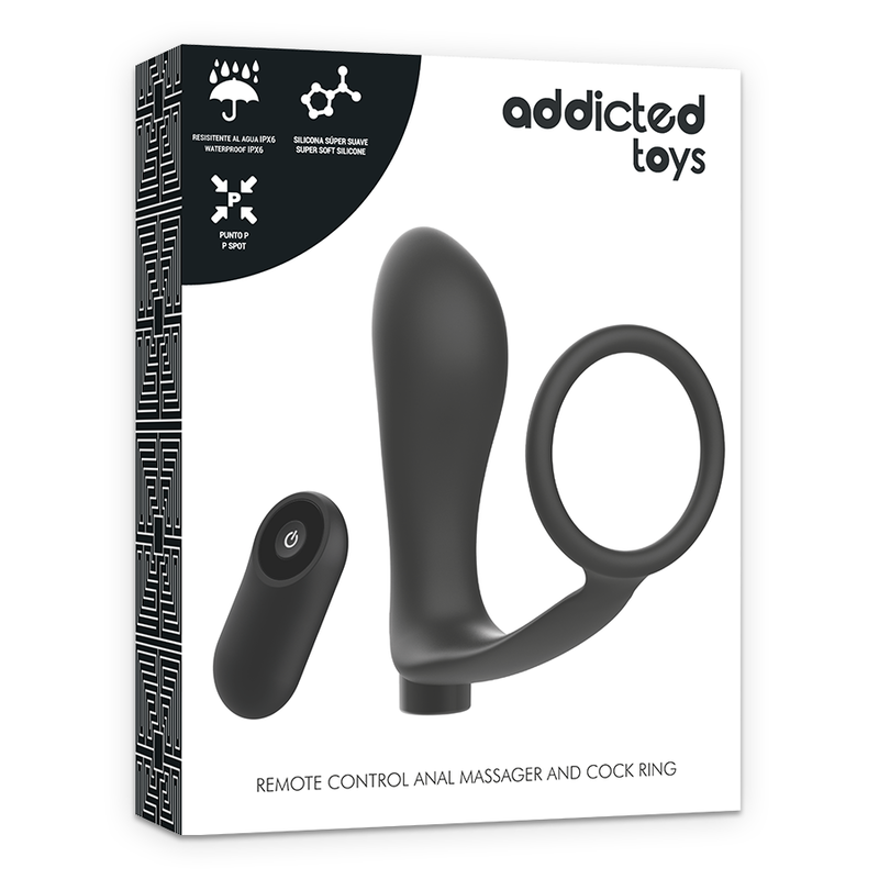 ADDICTED TOYS Anel Peniano e Plug Anal Vibratório Recarregável com Controle Remoto em close-up, mostrando detalhes e textura.
